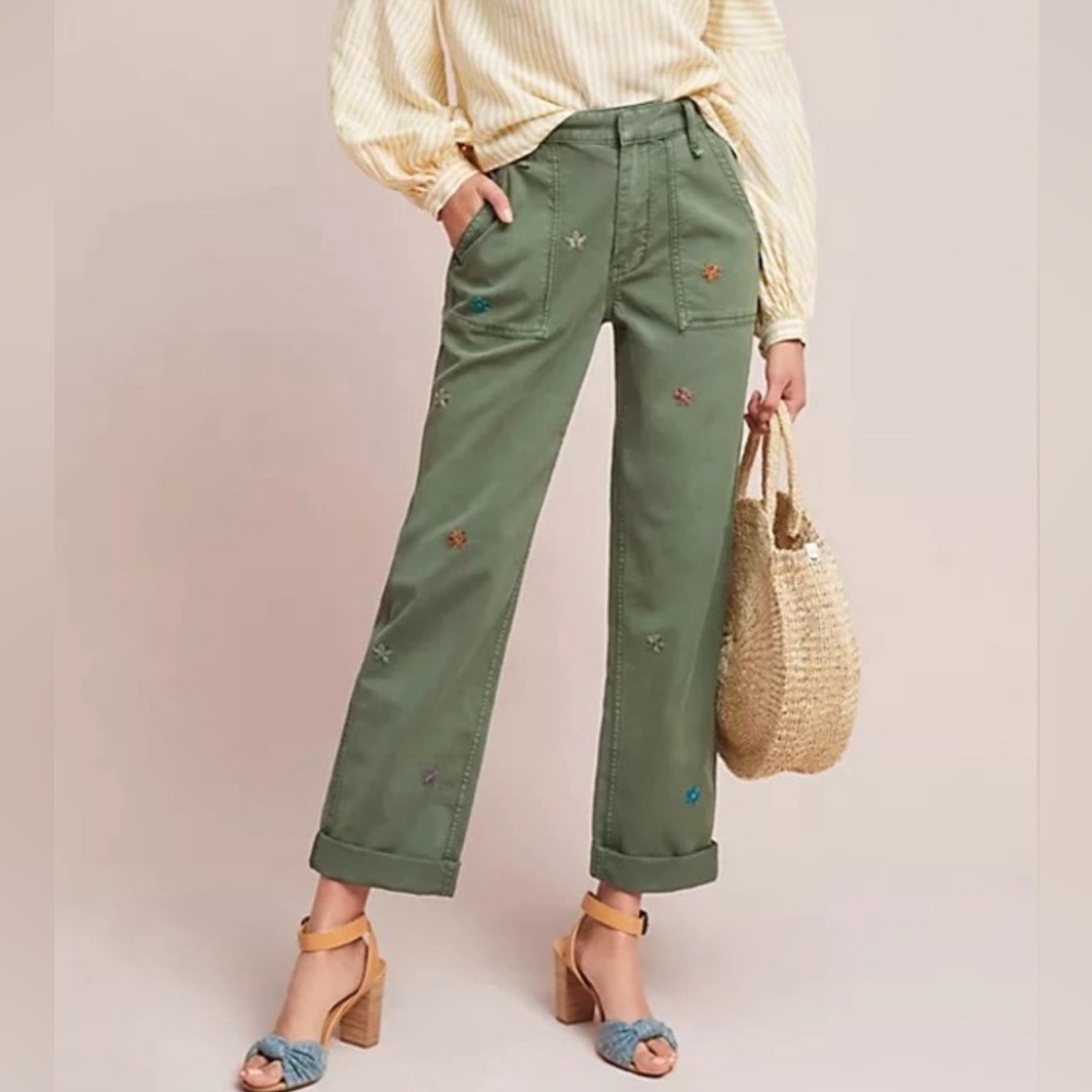 Anthropologie Floral Embroidered Boyfriend Utility Pants Size 27
